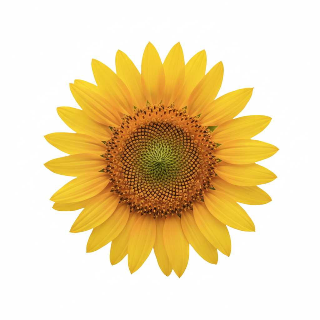 A single sunflower head viewed from the front, close-up, with bright yellow petals and a detailed brown center, isolated on a transparent background, no circle, no border, no frame, clean cutout style, suitable for use as a logo